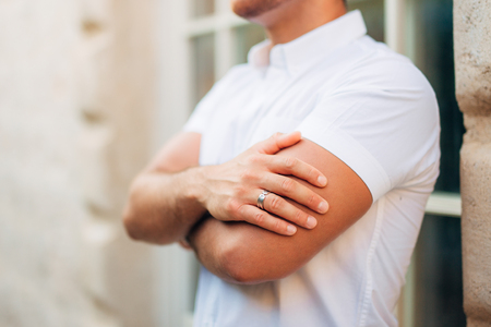 Male hands close-up. Hands of the groom at a wedding in Montenegro.の写真素材