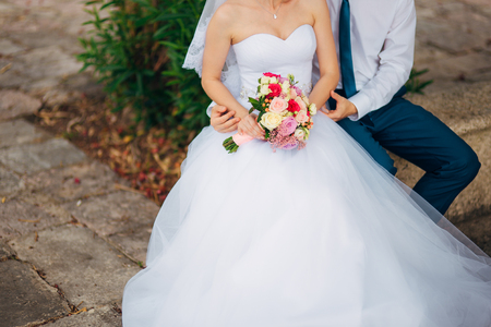 Wedding bouquet in hands of the bride. Wedding in Montenegroの写真素材