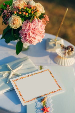 A table for a wedding ceremony in Montenegro. Wedding decorations.の写真素材