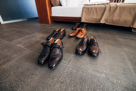 Mens black shoes on the floor. Wedding in Montenegroの写真素材