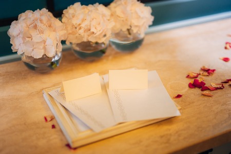 Open empty copy book with dried roses. Blank creamy pages.