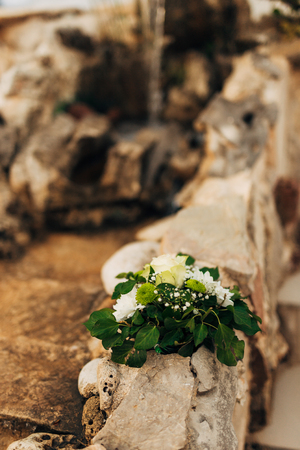 Flower compositions at the wedding ceremony. Wedding in Montenegro by the sea.の写真素材