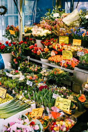 Munich, GERMANY - 9 MARCH 2018: A flower shop. A flower stall in Germany. Shop counter with flowersのeditorial素材