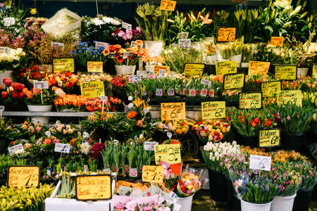 Munich, GERMANY - 9 MARCH 2018: A flower shop. A flower stall in Germany. Shop counter with flowersのeditorial素材