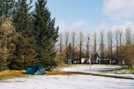 A tourist sleeping tent set up at a campsite in Reykjavik, Icelandの写真素材