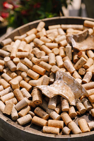 Kotor, Montenegro - 05 JULE 2019: Wine corks. The texture of wine crusts. Lots of corks from under...