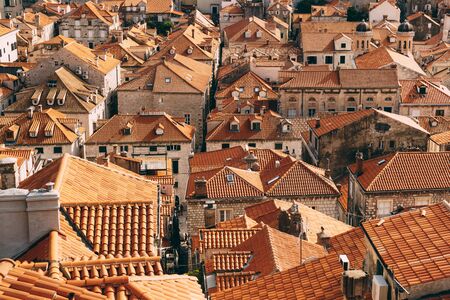 View from the wall on the tiled roofs of the old city of Dubrovnik.