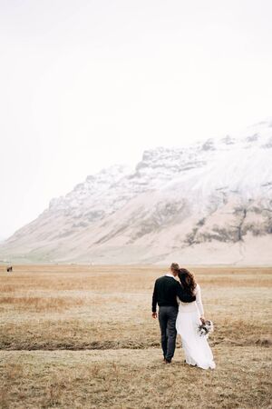 The wedding couple goes into the distance. The groom hugs the bride. Field of dry grass with moss, against the backdrop of a snowy mountain. Destination Iceland wedding.の写真素材