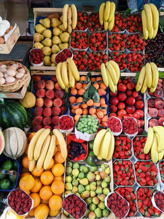 Budva, Montenegro - 10 june 2020: Market showcase with fruit.のeditorial素材