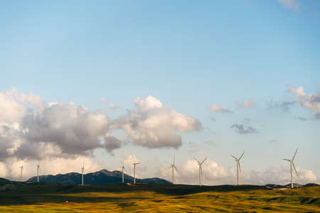 A series of many wind generators on the horizon, against a blue sky with white clouds, at sunset.の写真素材