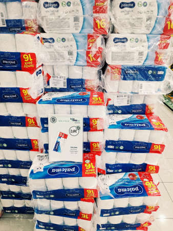 Podgorica, Montenegro - 02 july 2020: A huge mountain of family toilet paper packages in the store.のeditorial素材