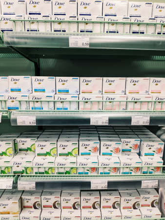 Podgorica, Montenegro - 02 july 2020: DOVE soap on the shelves in the supermarket.のeditorial素材