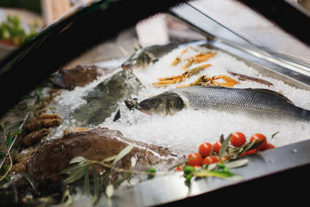 Transparent refrigerator, with different sea fish on ice under the glass in the restaurant.の写真素材