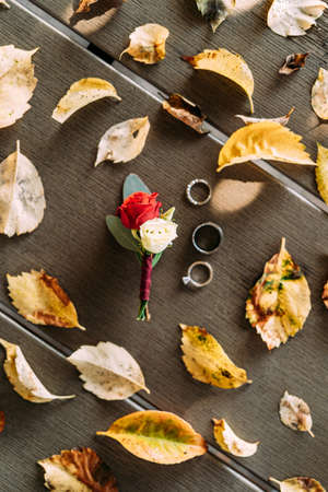 White and red roses in a bud with wedding rings against the background of yellow leaves on a wooden...