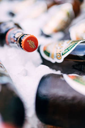 Budva, Montenegro - 07 august 2020: Close-up of full closed beer bottles in ice on a white background.のeditorial素材