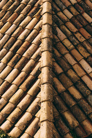 The texture of the old brown shingles on the roof of the building.の写真素材