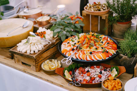 Caprese on a platter on the table with salad, cheese and flower pots with houseplants.