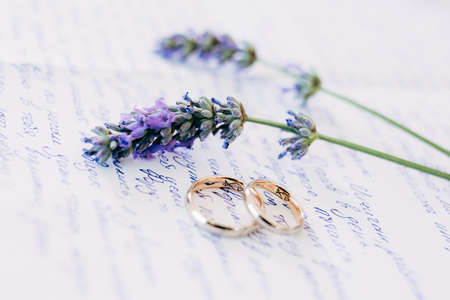 Gold wedding rings on a leaf covered with lavender sprigs.の写真素材