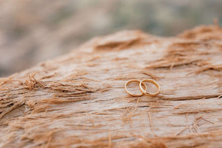 Gold wedding rings on a blurred rough wooden texture background.