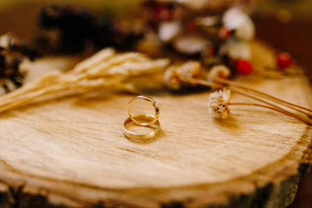 Close-up of gold wedding rings on a wooden cut with spikelets, dried flowers and berries on a blurred background.の写真素材