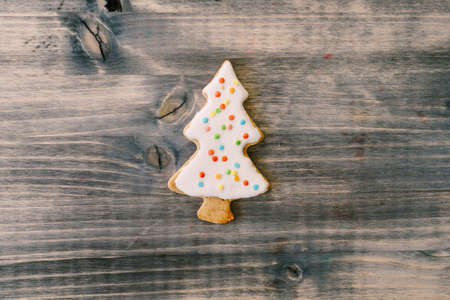 Traditional American gingerbread cookies for New Year. A gingerbread in the shape of a Christmas tree is covered with white sugar glaze with multi-colored dots.の写真素材