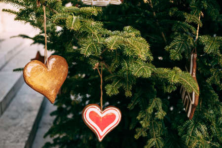 Christmas tree toys in the shape of a heart.の写真素材