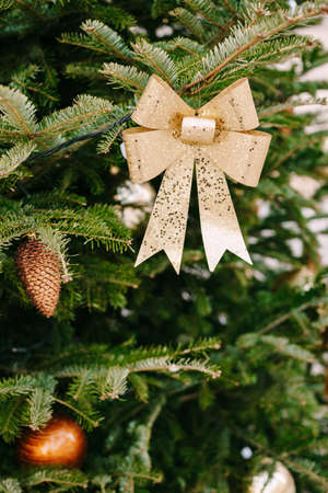 Golden shiny bow decorating the Christmas tree.の写真素材