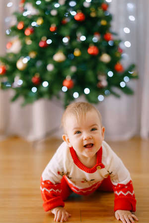 Baby girl in a Christmas-themed costume is crawling in front of a Christmas treeの写真素材