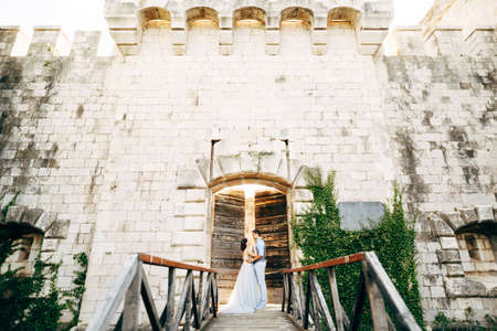 bride and groom are hugging at the ancient gate near the Arza fortress on the Mamula islandの写真素材