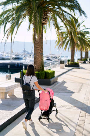 Woman is pushing a pink stroller on a boat pier on a sunny day