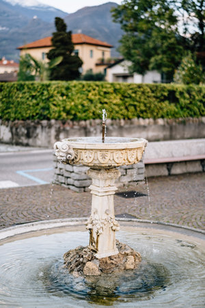 A bowl of a fountain with water on paving slabs against the backdrop of trees and houses. Antique drinking fountain for birds in a city park on Lake Como in Italy.の写真素材