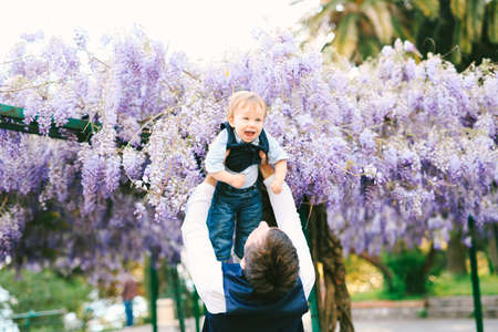 Baby boy is flying in his fathers arms under a wysteria treeの写真素材