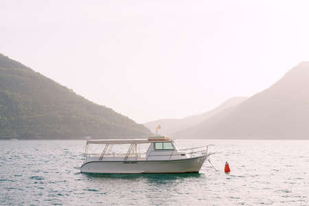White motor boat with sun awning and cockpit in the middle of the Bay of Kotor.の写真素材