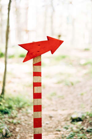 Red blank signpost on white striped pillar in forestの写真素材