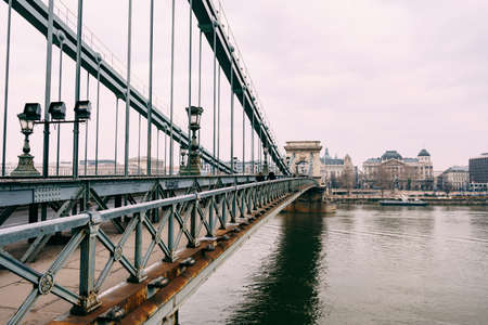 Beautiful daytime view of Szechenyi chain bridge in Budapestの写真素材