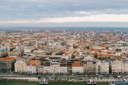 Aerial view of beautiful buildings and Danube embankmentの写真素材