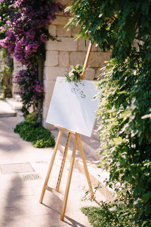 Blank wooden easel on the background of the wall and flowering bushes. Side viewの写真素材