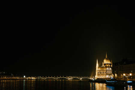 Beautiful view of the Parliament building in glorious night lighting in Budapest. Right sideの写真素材