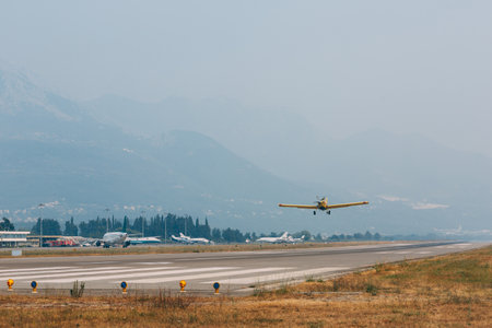 A plane of the skyteam taking off at Tivat Airport in Montenegro.の写真素材