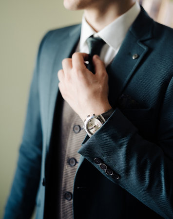 Groom straightens his tie around his neck before leaving the houseの写真素材