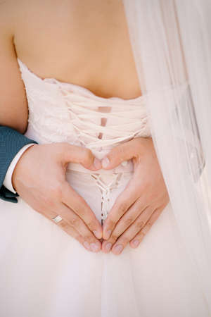 Groom holds his hands in the shape of a heart on the back of the bride in a white dressの写真素材