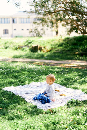 Small baby sits on a plaid blanket on the lawn against the background of buildings and trees and...