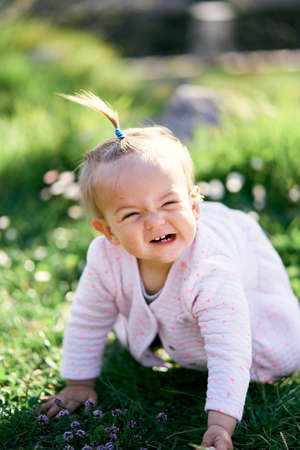 Little girl laughs and crawls along the green lawn. Close-up
