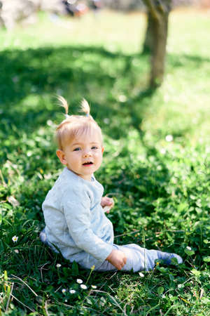 Smiling little girl sitting on green grass near daisiesの写真素材