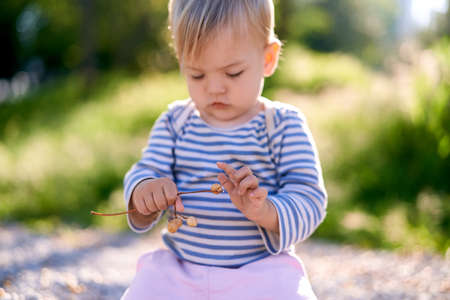 Child holds a twig with berries in his hands. Portrait