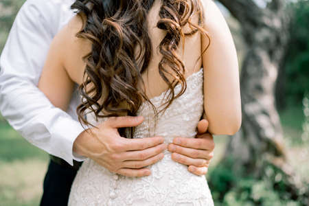 The groom gently hugs the bride. Hands of the groom on the waist of the bride, close-upの写真素材