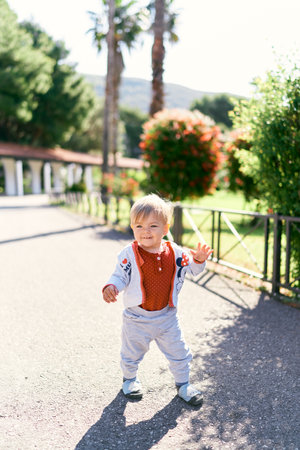 Smiling kid walking along the path in the gardenの写真素材
