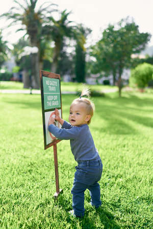 Kid is standing on a green lawn and holding his hands for a sign-pointerの写真素材
