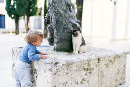 Kid stands near the sculpture on which the cat sitsの写真素材