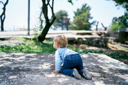 Kid crawls along the stone platform against the backdrop of green trees. Back viewの写真素材